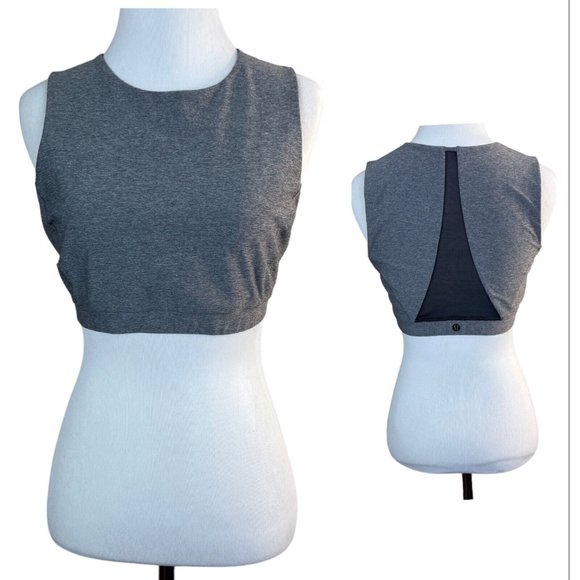 Lululemon Sports Bra 8 Gray Black Mesh Sheer Insert Stretch‎ Comfort Womens - Picture 1 of 11